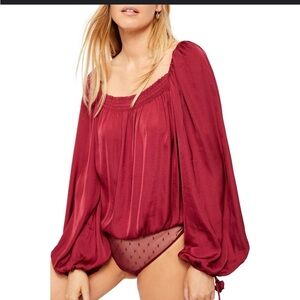 Free People Intimately Another Round Burgundy Satin Peasant Bodysuit M
